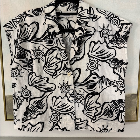 MADEWELL Boxy Cap-Sleeve Shirt in 100% Linen Lighthouse Shell Print Size XS - Picture 3 of 8